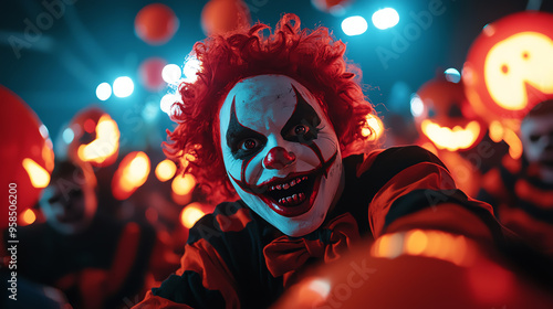 A haunting clown character captures the eerie essence of Halloween with vibrant colors and unsettling charisma.