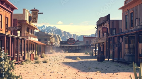 An old western town situated amidst majestic mountains in the background