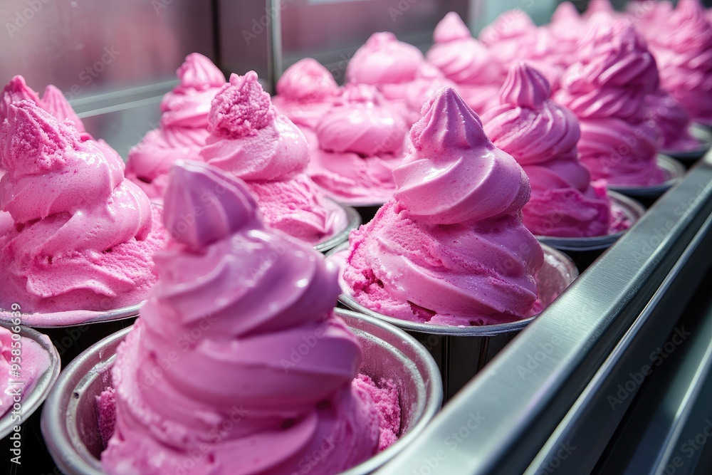 Pink ice cream scoops in display case. Perfect for showing a delicious dessert option at a bakery or ice cream shop. Pink ice cream scoops in display case. Perfect for showing a delicious dessert option at a bakery or ice cream shop.