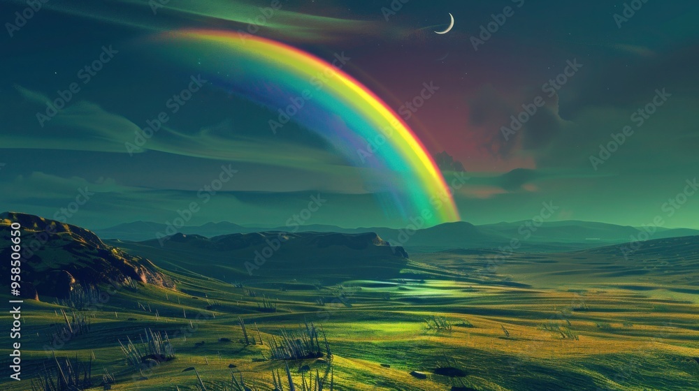 Obraz premium Landscape with moon and green hills of flood meadows. 3d render evening rainbow