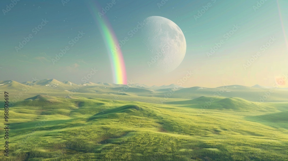 Obraz premium Landscape with moon and green hills of flood meadows. 3d render evening rainbow