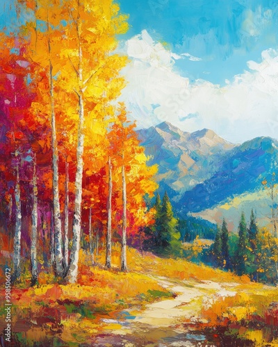 Vibrant oil painting depicting autumn trees with a colorful display in a mountainous landscape