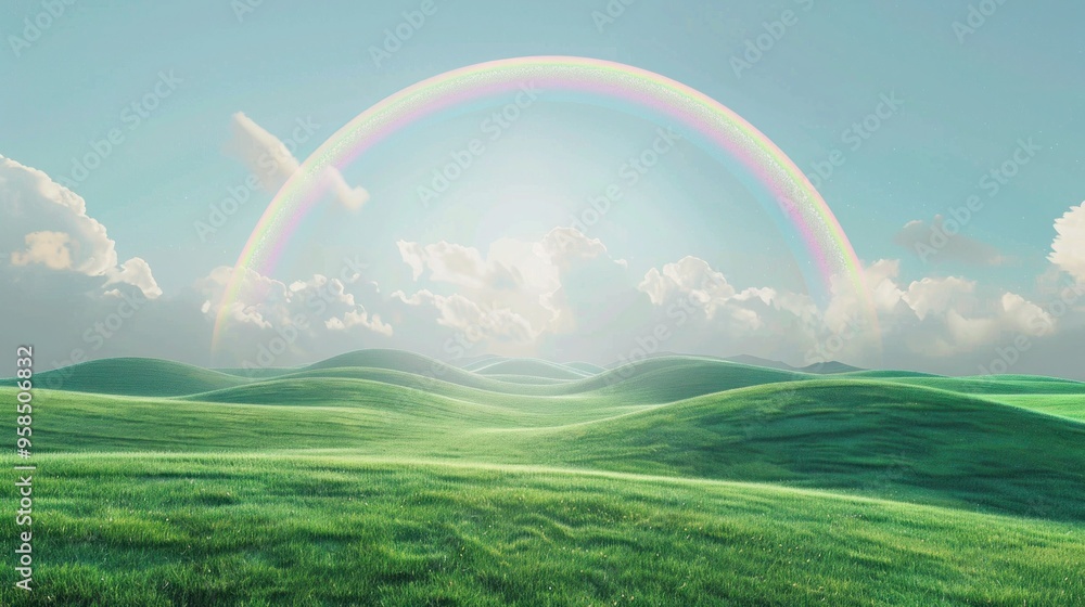 Landscape with moon and green hills of flood meadows. 3d render evening rainbow Landscape with moon and green hills of flood meadows. 3d render evening rainbow