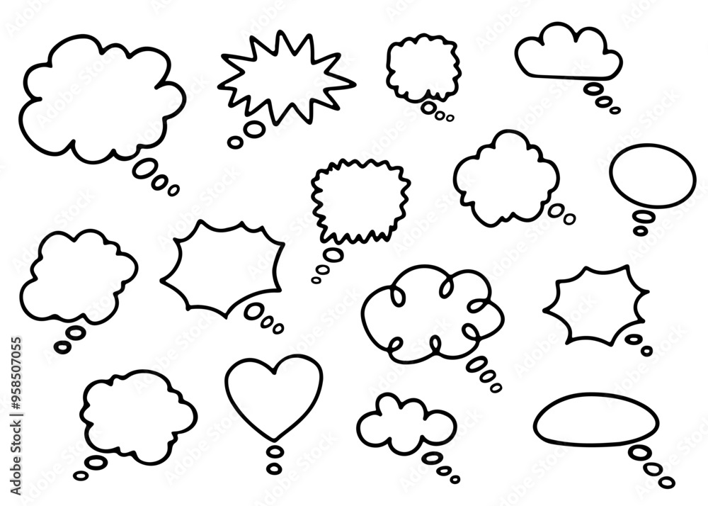 Set of line speech bubbles. Dialogue box in doodle style. Text boxes for chats and games. Collection of hand drawn comic speech bubble. Various talk balloon shapes in retro 90's style Set of line speech bubbles. Dialogue box in doodle style. Text boxes for chats and games. Collection of hand drawn comic speech bubble. Various talk balloon shapes in retro 90's style