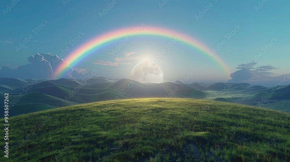 Naklejka premium Landscape with moon and green hills of flood meadows. 3d render evening rainbow