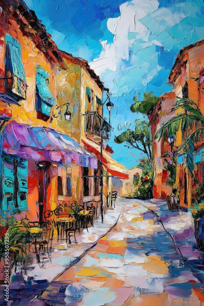 Oil painting depicting a historic town with charming architecture and vibrant colors Oil painting depicting a historic town with charming architecture and vibrant colors
