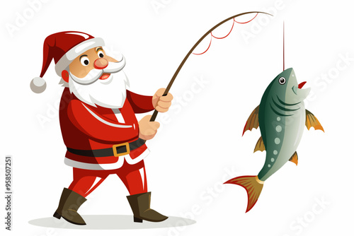 Santa Claus fishing vector art, Christmas fishing with rod illustration
