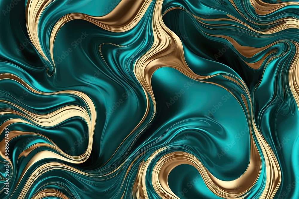 Fototapeta premium Deep Aqua and Satin Gold Abstract Texture Design with Flowing Liquid Patterns