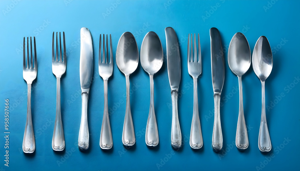 Set of silver forks and spoons, blue background; top view Set of silver forks and spoons, blue background; top view