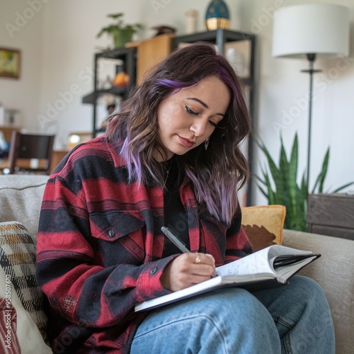 young woman writing in notebook while sitting on sofa in living room at home