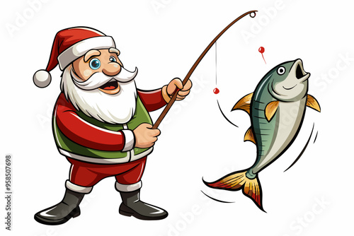 Santa Claus fishing vector art, Christmas fishing with rod illustration
