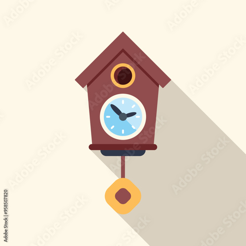Cuckoo clock hanging on a wall showing the time with a long shadow