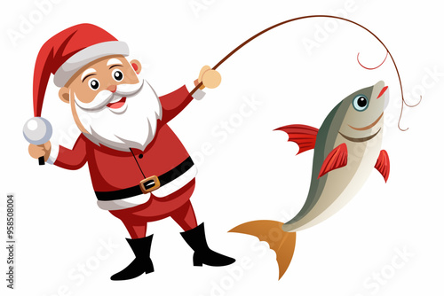 Santa Claus fishing vector art, Christmas fishing with rod illustration