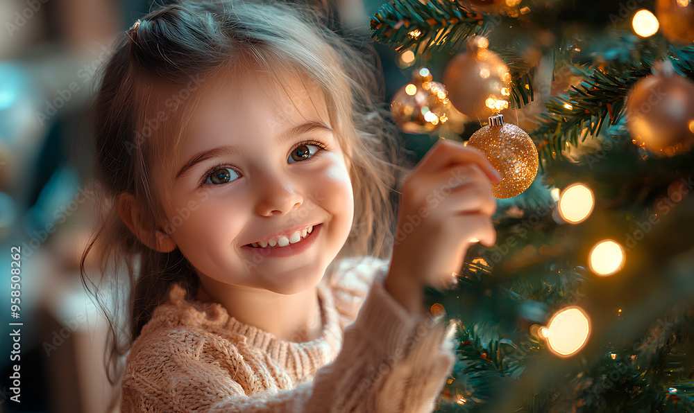 A cheerful girl smiles while hanging shiny ornaments on a beautifully lit Christmas tree at home A cheerful girl smiles while hanging shiny ornaments on a beautifully lit Christmas tree at home
