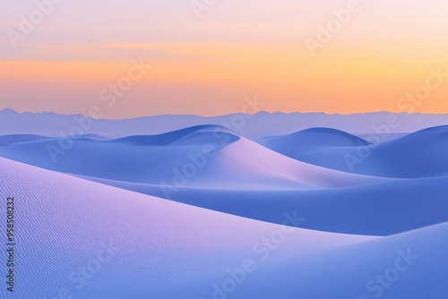 A serene landscape of rolling sand dunes at sunset, showcasing soft colors and tranquil beauty.