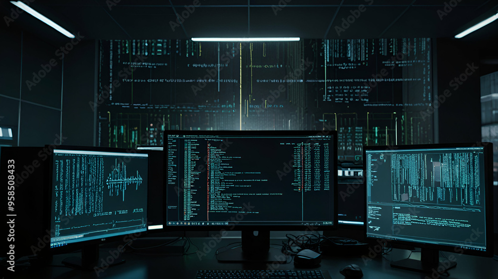 A split screen showing a hacker’s point of view, with code on one side and a high-tech vault being accessed on the other. Background A split screen showing a hacker’s point of view, with code on one side and a high-tech vault being accessed on the other. Background
