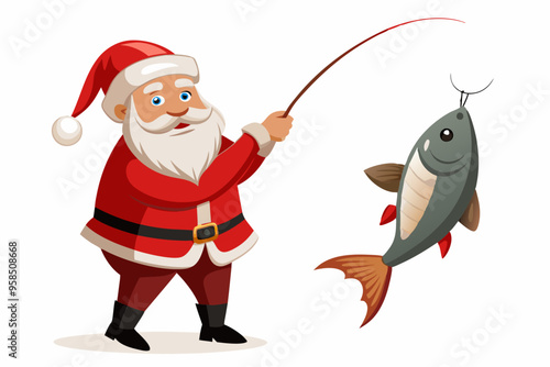 Santa Claus fishing vector art, Christmas fishing with rod illustration