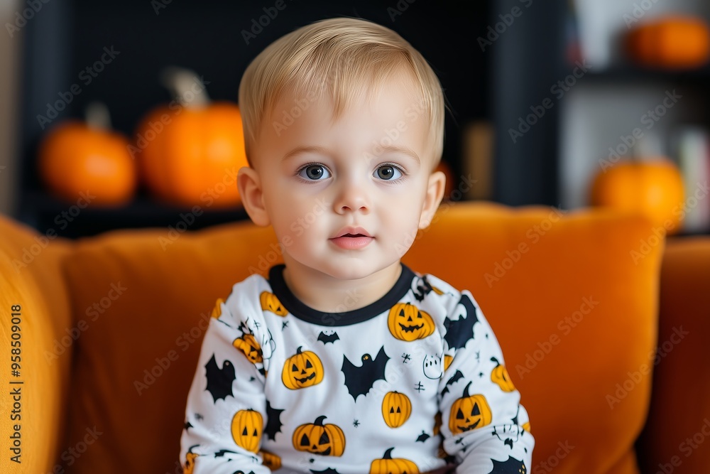 .caucasian little toddler boy wearing Halloween themed pyjamas with jack o lantern and ghosts print sitting on a dark orange velvet sofa .caucasian little toddler boy wearing Halloween themed pyjamas with jack o lantern and ghosts print sitting on a dark orange velvet sofa