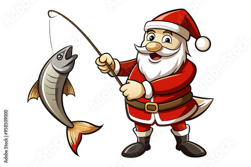 Santa Claus fishing vector art, Christmas fishing with rod illustration