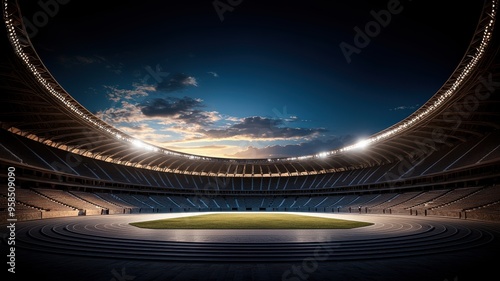 A breathtaking view of a modern stadium at dusk, illuminated by bright lights, perfect for sports and event promotions.