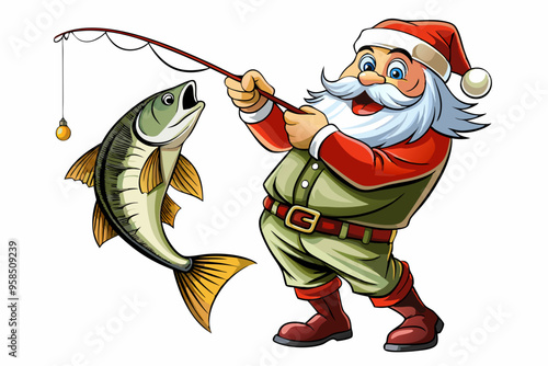 Santa Claus fishing vector art, Christmas fishing with rod illustration