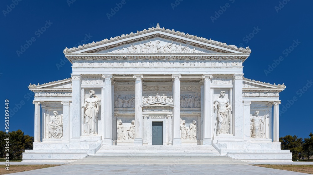 Obraz premium A majestic white temple featuring classical architecture with intricate sculptures against a clear blue sky.