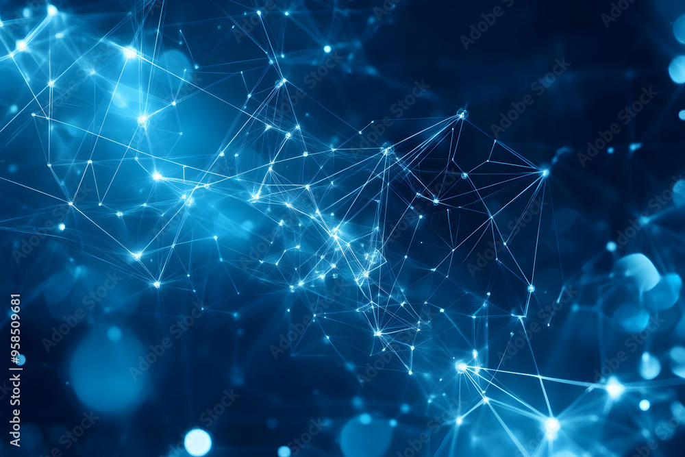 Abstract Technology Blue Background with White Geometric Shapes and Connection Lines Abstract Technology Blue Background with White Geometric Shapes and Connection Lines
