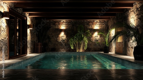 A serene indoor pool surrounded by elegant stone walls and lush greenery, creating a tranquil and luxurious atmosphere.