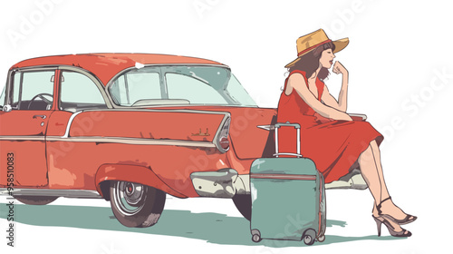 Traveler Woman Sitting on Retro Suitcase and Waiting