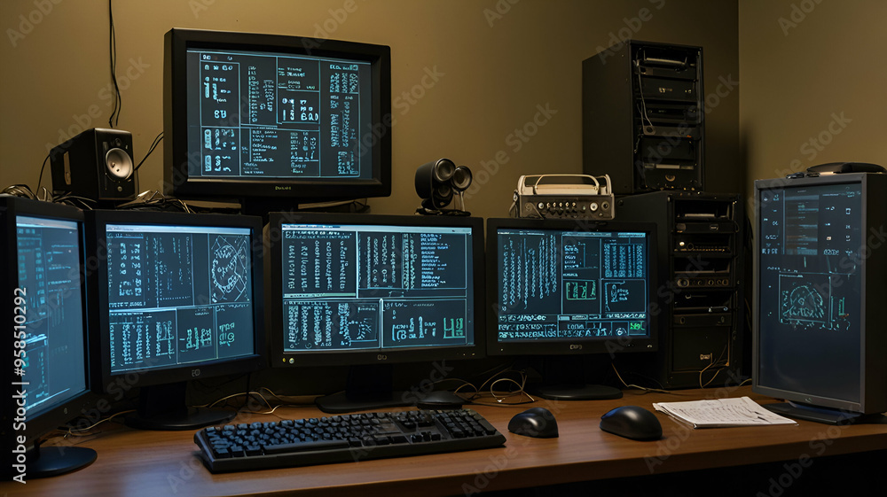 A hacker’s desk cluttered with old hardware, dual monitors displaying different networks, and a digital clock counting down. Background A hacker’s desk cluttered with old hardware, dual monitors displaying different networks, and a digital clock counting down. Background