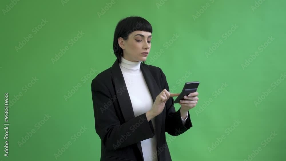 Confident Woman Engaging With Smartphone Against Vibrant Green Backdrop in a Modern Setting Confident Woman Engaging With Smartphone Against Vibrant Green Backdrop in a Modern Setting