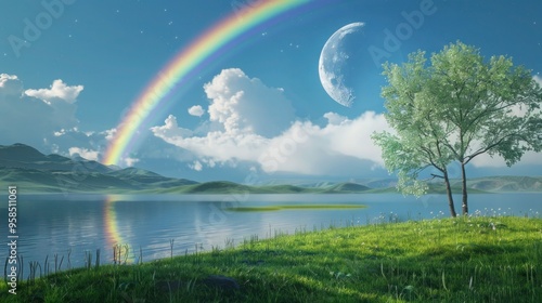 Landscape with moon and green hills of flood meadows. 3d render evening rainbow