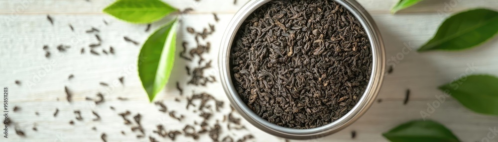 A close-up view of fresh black seed scattered around a stainless steel container with green leaves and a wooden background. A close-up view of fresh black seed scattered around a stainless steel container with green leaves and a wooden background.