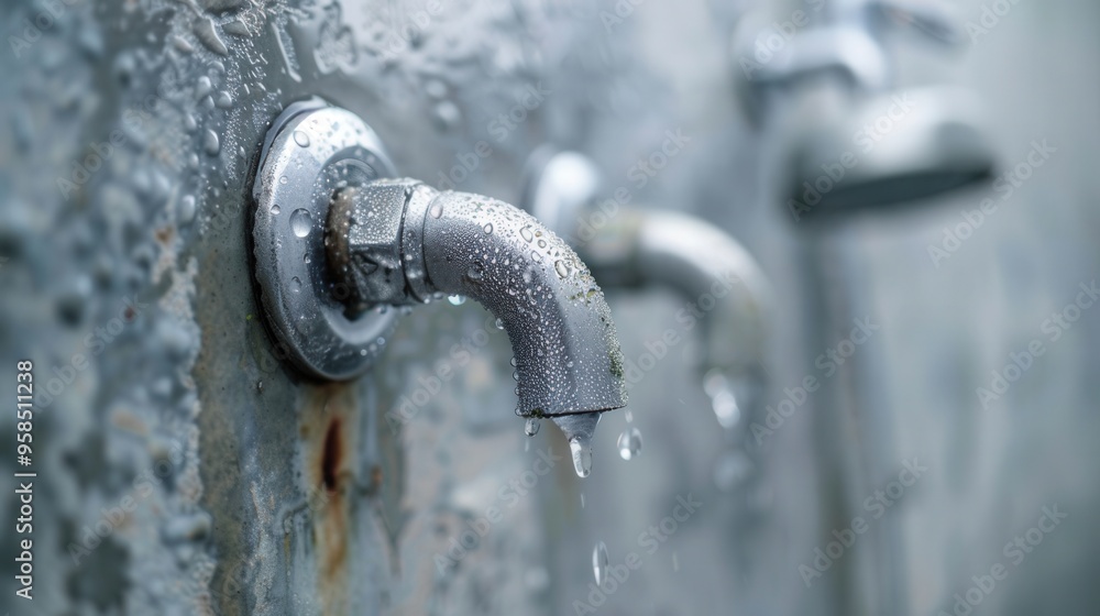Close-up of three metal water faucets against a weathered wall with dripping water, highlighting plumbing and maintenance concepts. Close-up of three metal water faucets against a weathered wall with dripping water, highlighting plumbing and maintenance concepts.