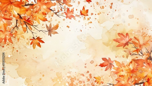 Watercolor background of autumn leaves in warm orange and yellow tones