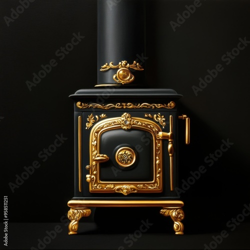 An elegant black stove with intricate golden details, perfect for enhancing decor in cozy interiors or vintage-themed designs.