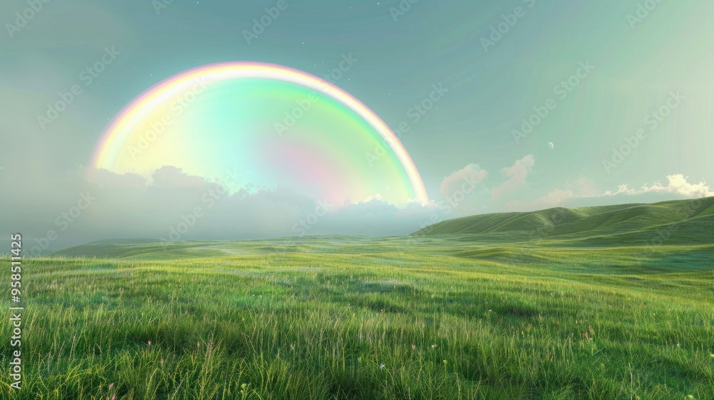 Landscape with moon and green hills of flood meadows. 3d render evening rainbow Landscape with moon and green hills of flood meadows. 3d render evening rainbow