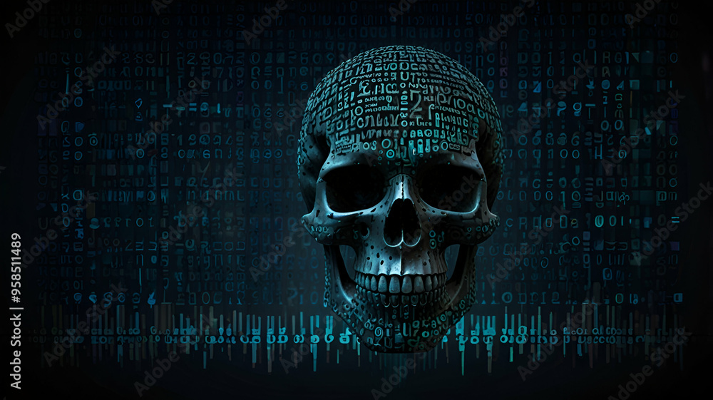A digital skull made out of binary code, with crossed keyboards and a dark, ominous background. Background A digital skull made out of binary code, with crossed keyboards and a dark, ominous background. Background