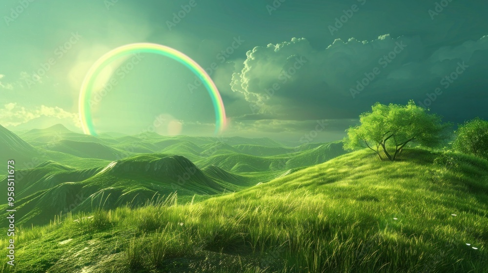 Landscape with moon and green hills of flood meadows. 3d render evening rainbow Landscape with moon and green hills of flood meadows. 3d render evening rainbow