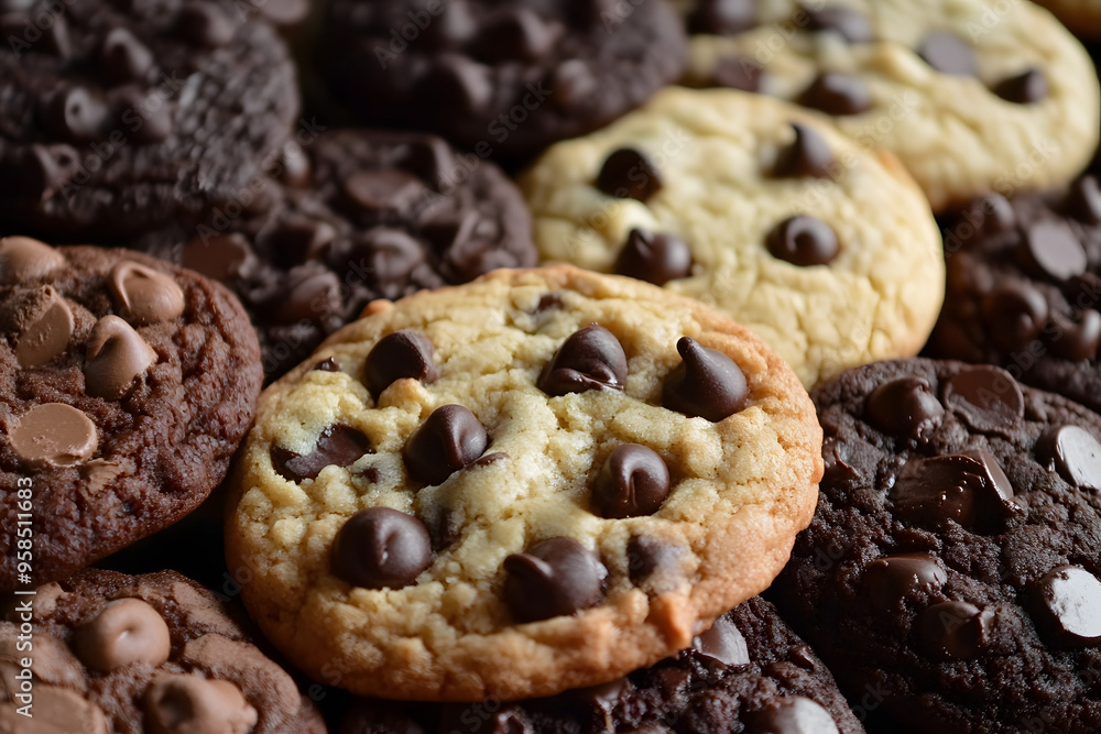 Tempting Variety: Close-Up of Chocolate Chip and Double Chocolate Cookies Tempting Variety: Close-Up of Chocolate Chip and Double Chocolate Cookies