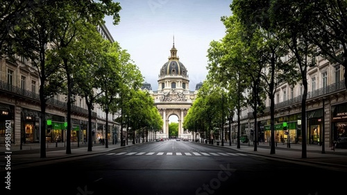 Beautiful view of a tree-lined street leading to a historic arch under a clear sky. Perfect for travel and architectural themes.