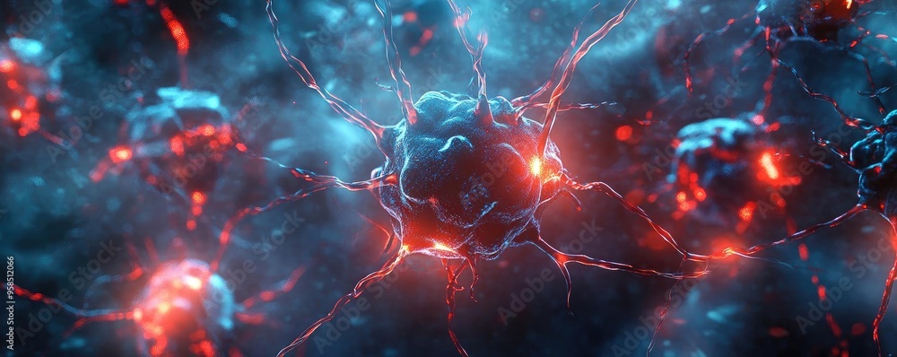 A mesmerizing close-up view of glowing cells connected by vibrant filaments in a dynamic and colorful abstract representation. A mesmerizing close-up view of glowing cells connected by vibrant filaments in a dynamic and colorful abstract representation.