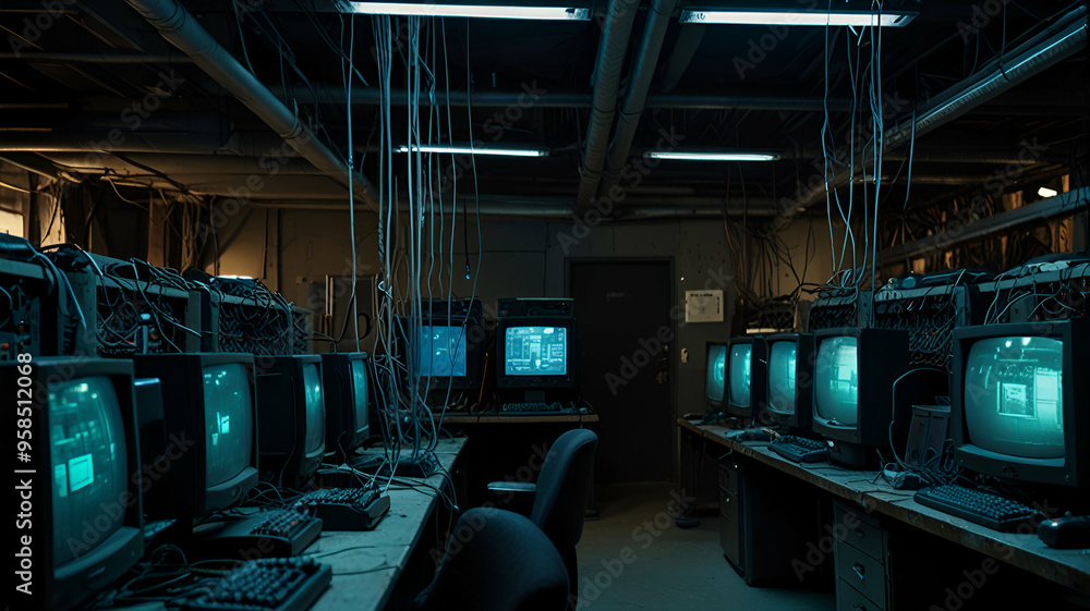 A hacker’s underground hideout filled with old-school computers, wires hanging from the ceiling, and a dimly lit atmosphere. Background A hacker’s underground hideout filled with old-school computers, wires hanging from the ceiling, and a dimly lit atmosphere. Background