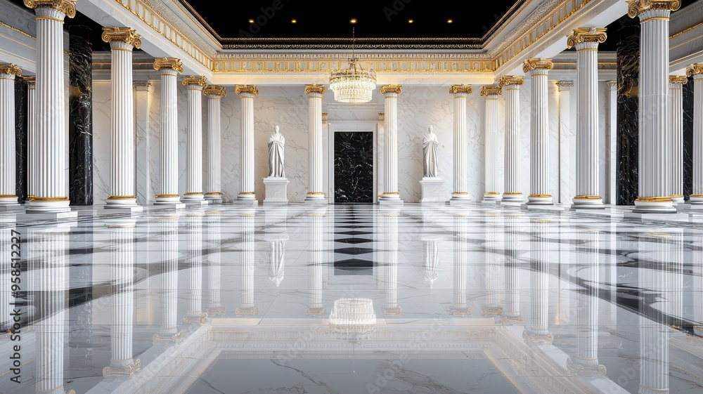 Fototapeta premium Luxurious marble hall with elegant columns, stunning chandelier, and classical statues, perfect for architectural and design visuals.