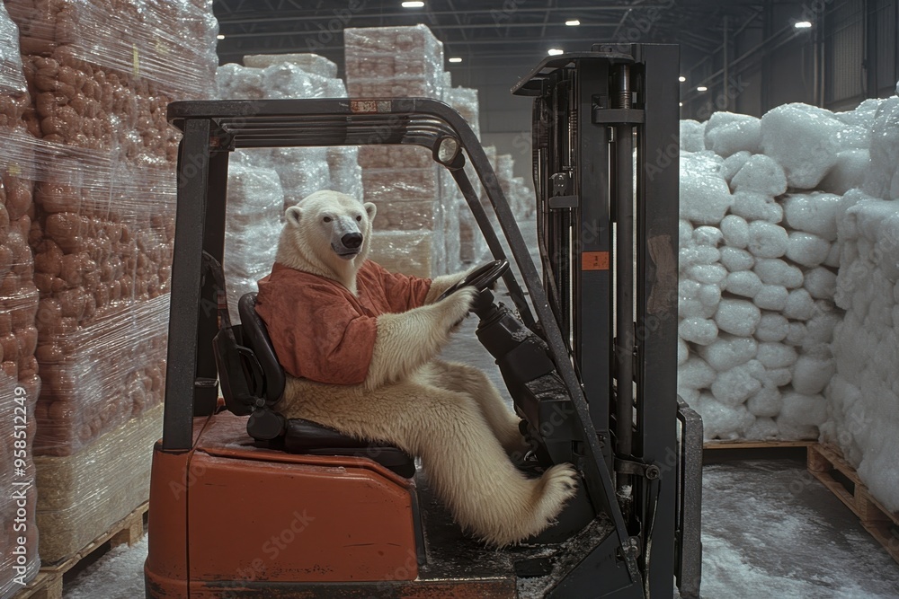 A polar bear, dressed in human attire, operates a forklift in a warehouse filled with stacks of materials, highlighting the whimsical blend of wildlife with industrial elements. A polar bear, dressed in human attire, operates a forklift in a warehouse filled with stacks of materials, highlighting the whimsical blend of wildlife with industrial elements.