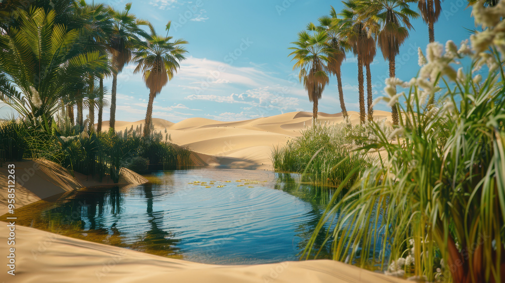 Desert Oasis with Palm Trees and Reflective Water. Desert Oasis with Palm Trees and Reflective Water.