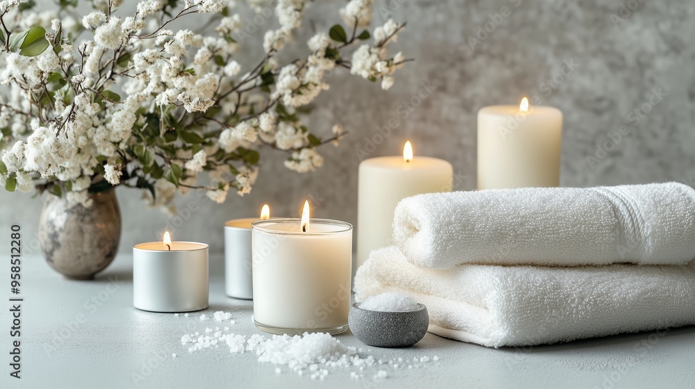 A relaxing spa setting with candles, fresh flowers, towels, and bath salts creating a serene atmosphere A relaxing spa setting with candles, fresh flowers, towels, and bath salts creating a serene atmosphere