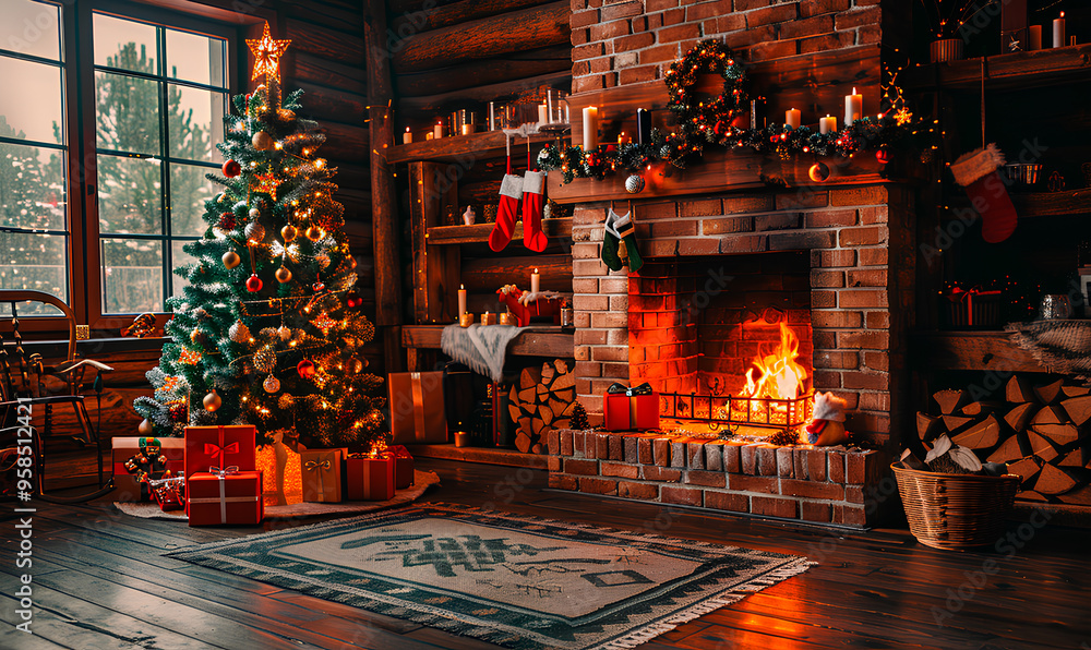 A cozy log cabin has a Christmas tree, a glowing fireplace, and festive decor with wrapped gifts around A cozy log cabin has a Christmas tree, a glowing fireplace, and festive decor with wrapped gifts around