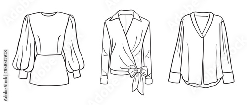 A collection of women's fashion clothes. Vector hand-drawn illustrations of beautiful blouses. Fashion sketches of women's fashion tops isolated on a white background.