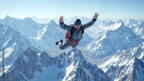 A parachutist flies over snowy mountains